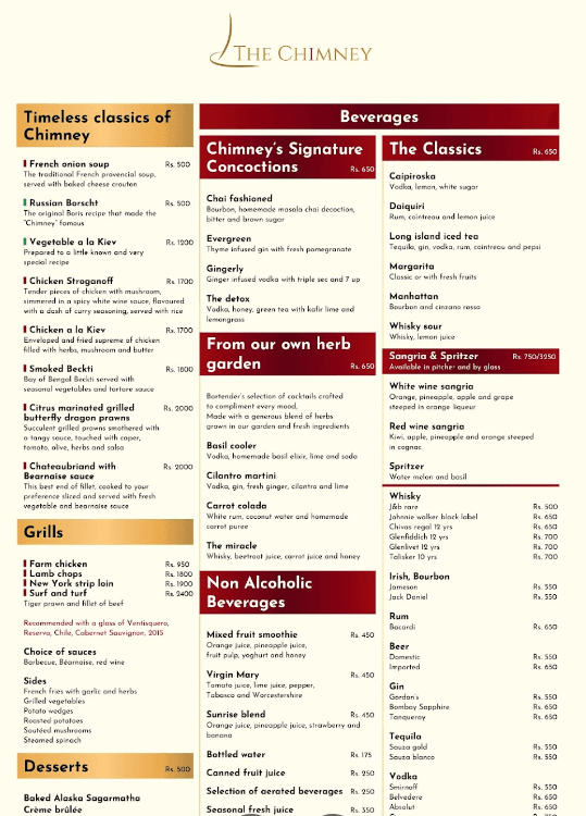 The Chimney Restaurant menu 2