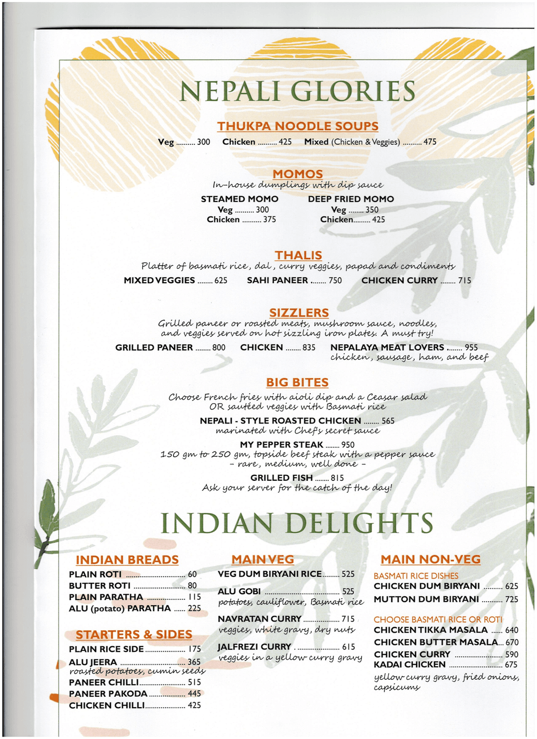 Nepalaya Rooftop Restaurant menu 1