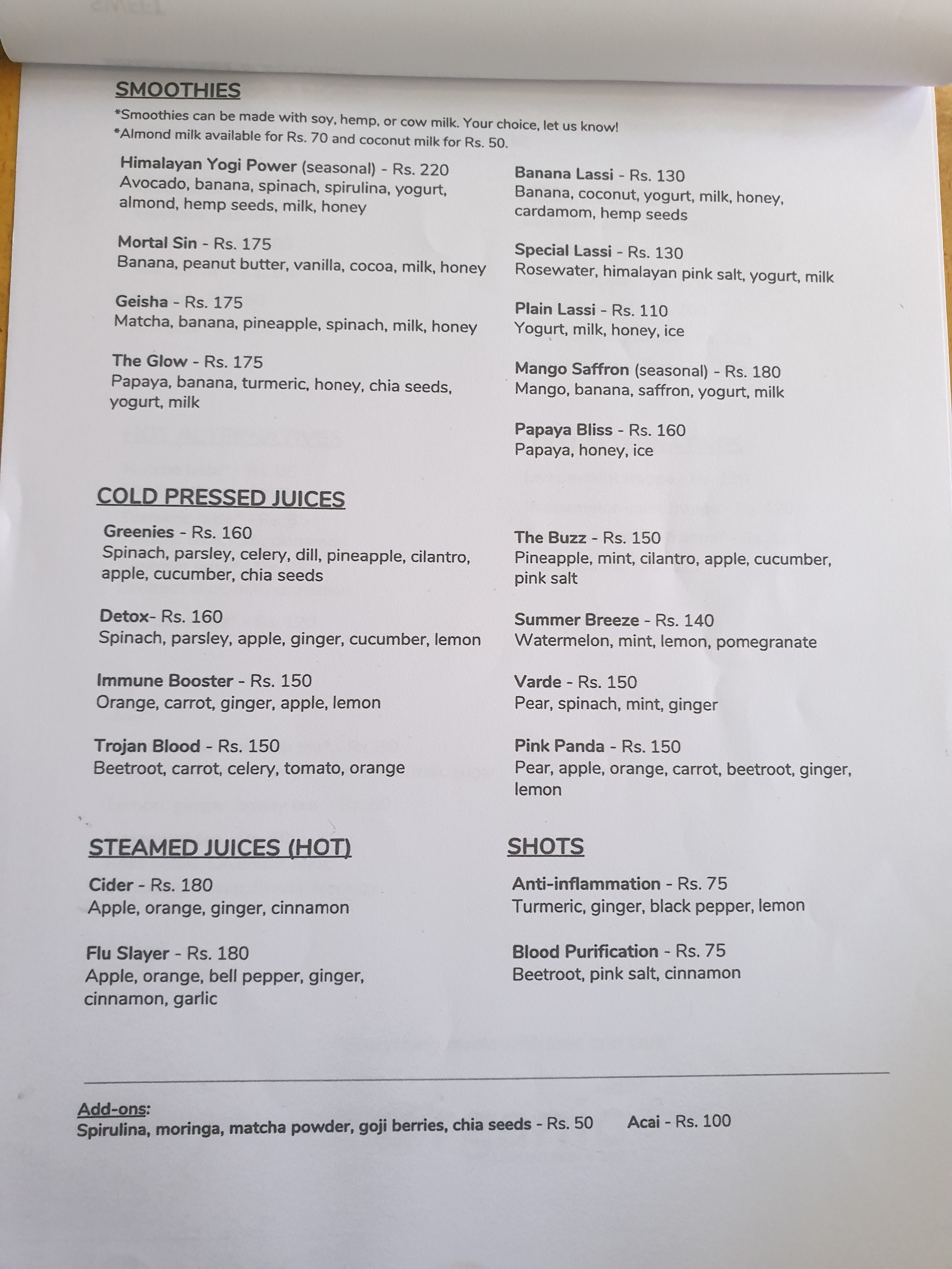 Organic Smoothie Bowl and Cafe menu 1