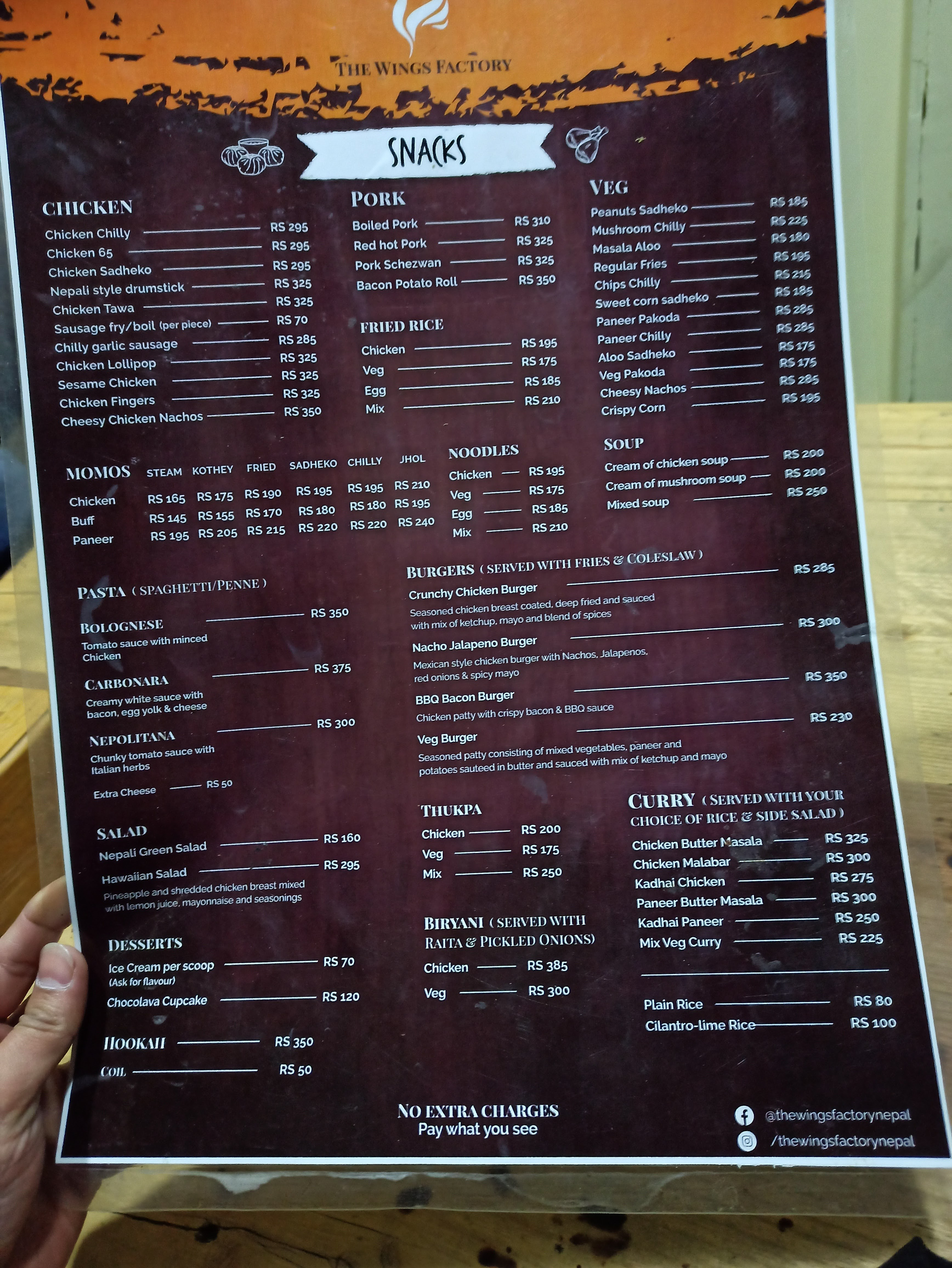 The Wings Factory, Mid-Baneshowr menu 1