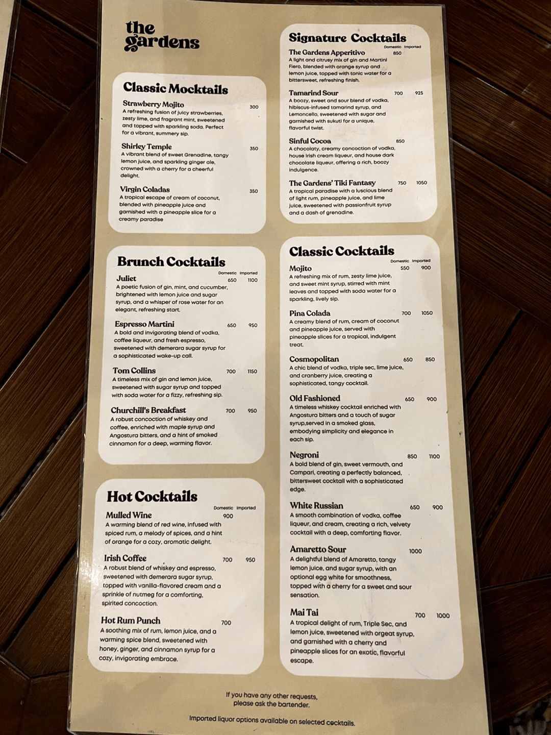 The Gardens menu 1