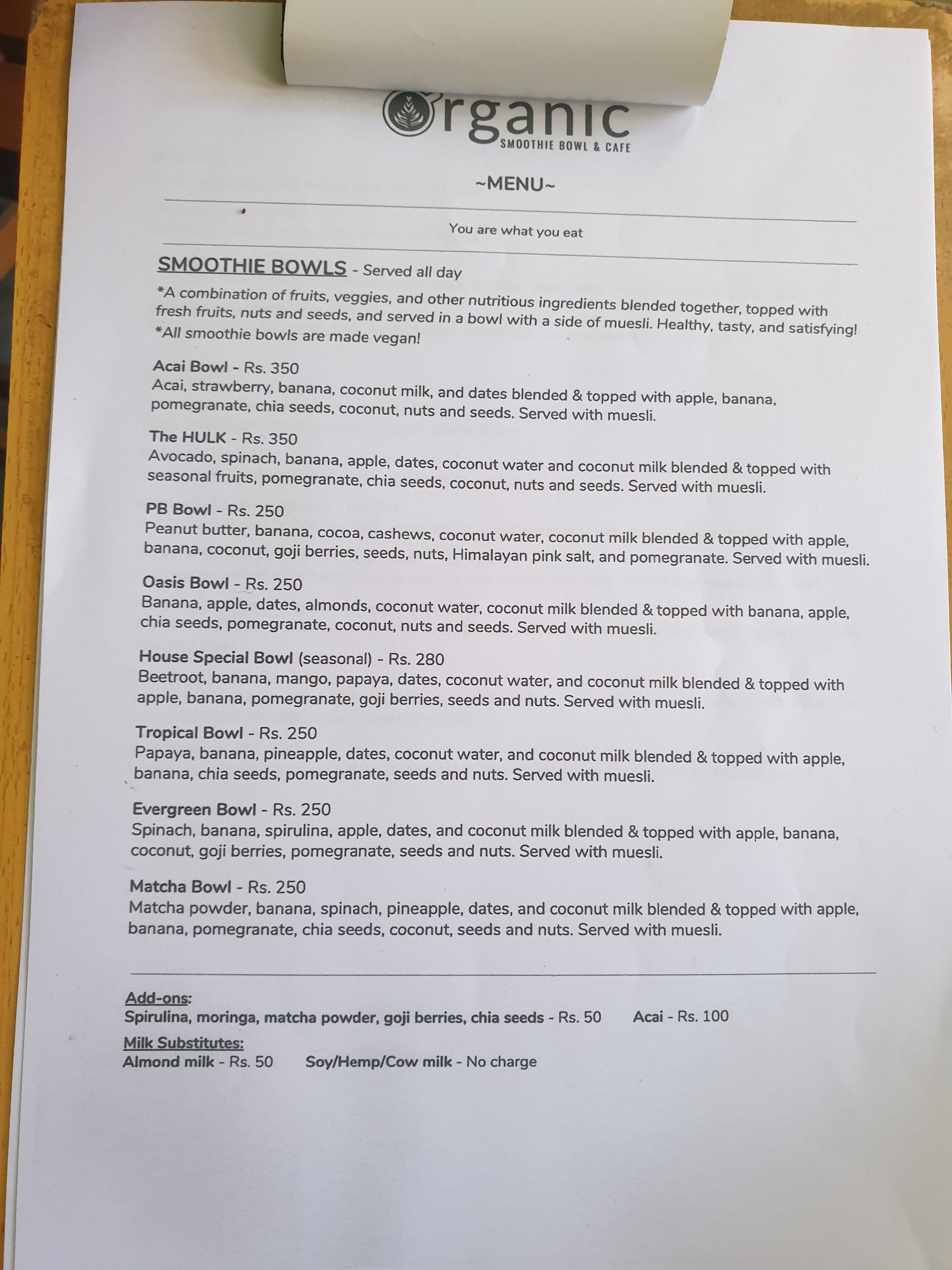 Organic Smoothie Bowl and Cafe menu 2